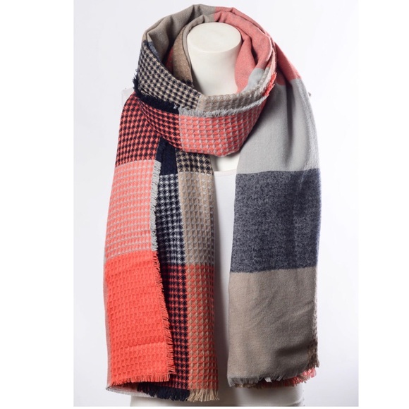 Orange & Navy Cozy Waffle Knit Plaid Blanket Scarf - Picture 2 of 2